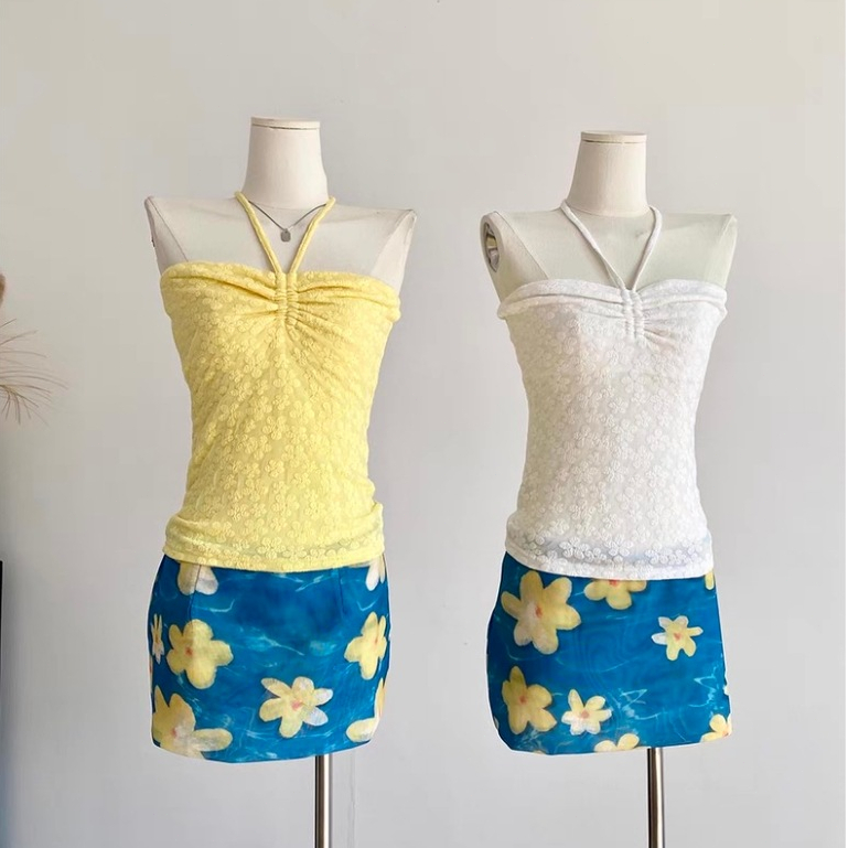 ภาพเพิ่มเติมของ ส่งไวจากไทย🌼เสื้อเกาะอกคล้องคอ+กระโปรงตาข่ายพิมพ์ลาย ปักลายดอกไม้ มีฟองน้ำ แฟชั่นเกาหลี summer beach