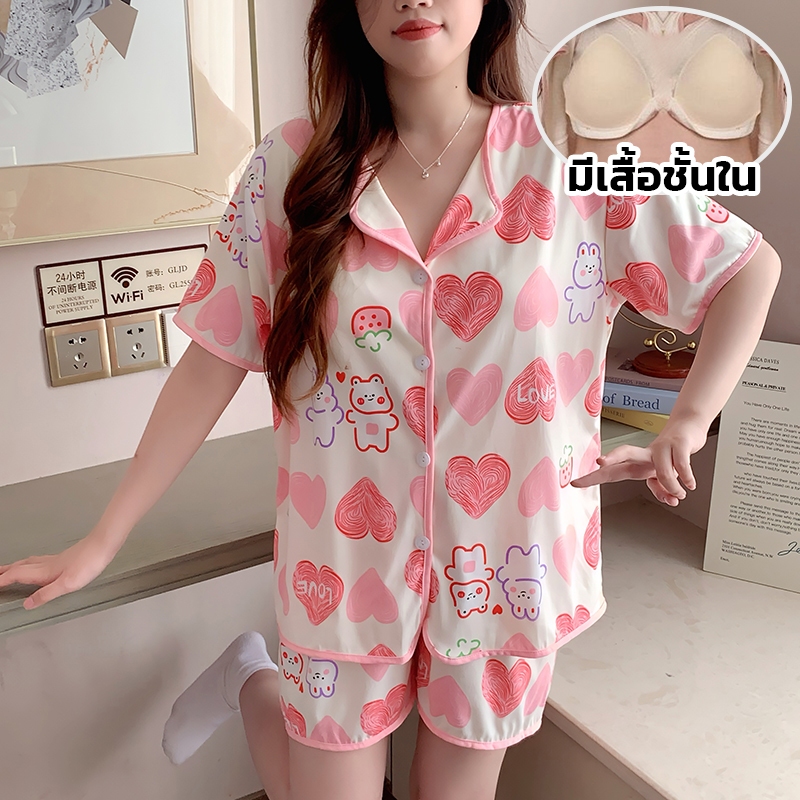 ภาพเพิ่มเติมของ 💖อก40-50 นิ้ว แขนสั้น-ขาสั้น ชุดนอนผ้าคอตตอน มีบราในตัว ไซร์ L-4XL  พร้อมส่งจากไทย ตะกร้า 1