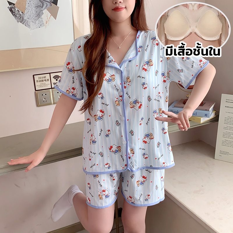 ภาพเพิ่มเติมของ 💖อก40-50 นิ้ว แขนสั้น-ขาสั้น ชุดนอนผ้าคอตตอน มีบราในตัว ไซร์ L-4XL  พร้อมส่งจากไทย ตะกร้า 1