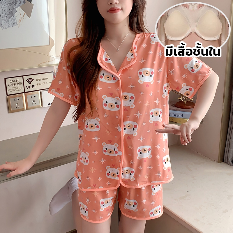 ภาพเพิ่มเติมของ 💖อก40-50 นิ้ว แขนสั้น-ขาสั้น ชุดนอนผ้าคอตตอน มีบราในตัว ไซร์ L-4XL  พร้อมส่งจากไทย ตะกร้า 1