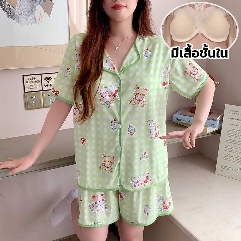 ภาพเพิ่มเติมของ 💖อก40-50 นิ้ว แขนสั้น-ขาสั้น ชุดนอนผ้าคอตตอน มีบราในตัว ไซร์ L-4XL  พร้อมส่งจากไทย ตะกร้า 1