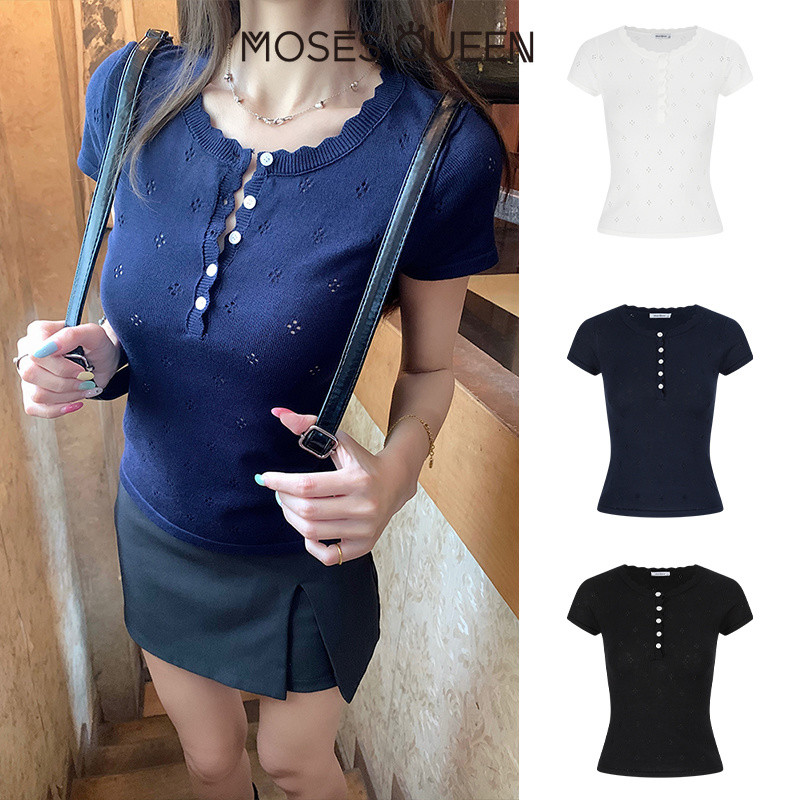 ภาพเพิ่มเติมของ < MOSESQUEEN > A ปกลูกไม้กึ่งเปิดด้านบนแขนสั้นถักทํางานพร้อมสไตล์ดีไซน์เฉพาะและดีไซน์เฉพาะกลุ่ม #69067