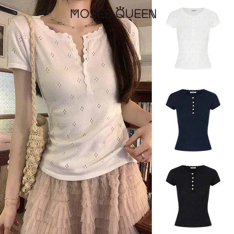 ภาพเพิ่มเติมของ < MOSESQUEEN > A ปกลูกไม้กึ่งเปิดด้านบนแขนสั้นถักทํางานพร้อมสไตล์ดีไซน์เฉพาะและดีไซน์เฉพาะกลุ่ม #69067
