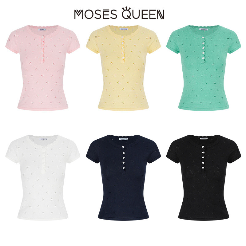 ภาพเพิ่มเติมของ < MOSESQUEEN > A ปกลูกไม้กึ่งเปิดด้านบนแขนสั้นถักทํางานพร้อมสไตล์ดีไซน์เฉพาะและดีไซน์เฉพาะกลุ่ม #69067
