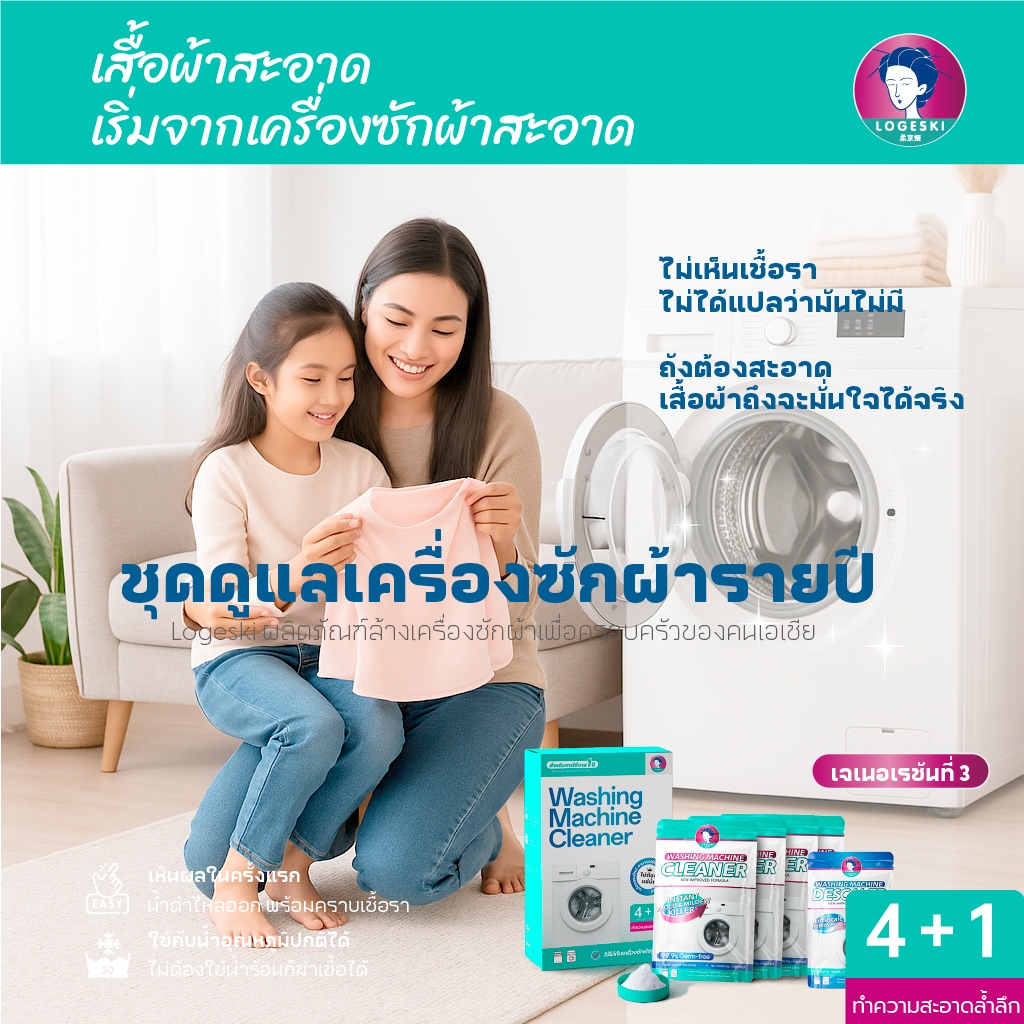 ภาพเพิ่มเติมของ LOGESKI ผงล้างถังเครื่องซักผ้า ไม่ต้องแช่ ขจัดคราบฝังแน่นและเชื้อรา ขจัดกลิ่นอับ ฆ่าเชื้อ 99.9%