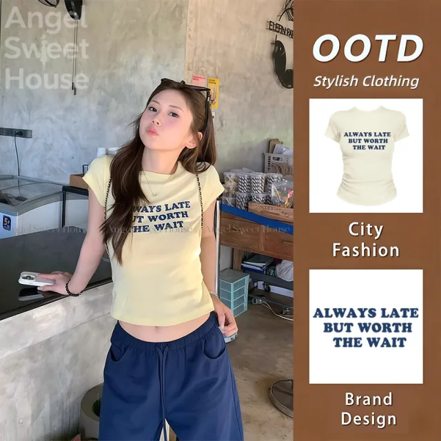 (จัดส่งตลอด 24 ชั่วโมง）Angle Official เสื้อยืดแขนสั้นกระชับผู้หญิง ผ้านุ่ม ดีไซน์เรียบง่ายสไตล์เกาหลี เข้ากับทุกชุด C12