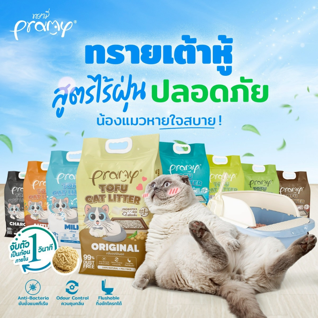 Pramy ทรายแมวเต้าหู้ สูตรไร้ฝุ่น จับตัวเป็นก้อนเร็ว จากใยถั่วเหลืองธรรมชาติ ขนาด 6L และ 20L มีให้เลือก 8 กลิ่น