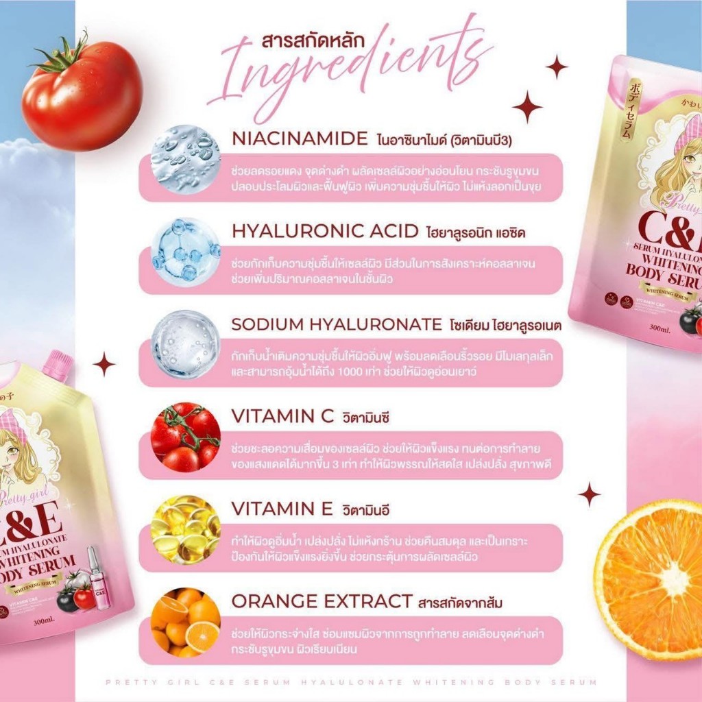 ภาพเพิ่มเติมของ (2 ถุง) Pretty Girl C&E Serum Hyaluronate Whitening Body Serum - เซรั่มบำรุงผิวกายสูตรเข้มข้น