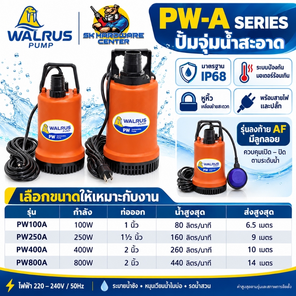 ภาพเพิ่มเติมของ ปั้มแช่ ไดโว่ 1.5นิ้ว/250w , 2นิ้ว/400-800w WALRUS รุ่น PW- A (ไม่มีลูกลอย) PW-AF (มีลูกลอย)