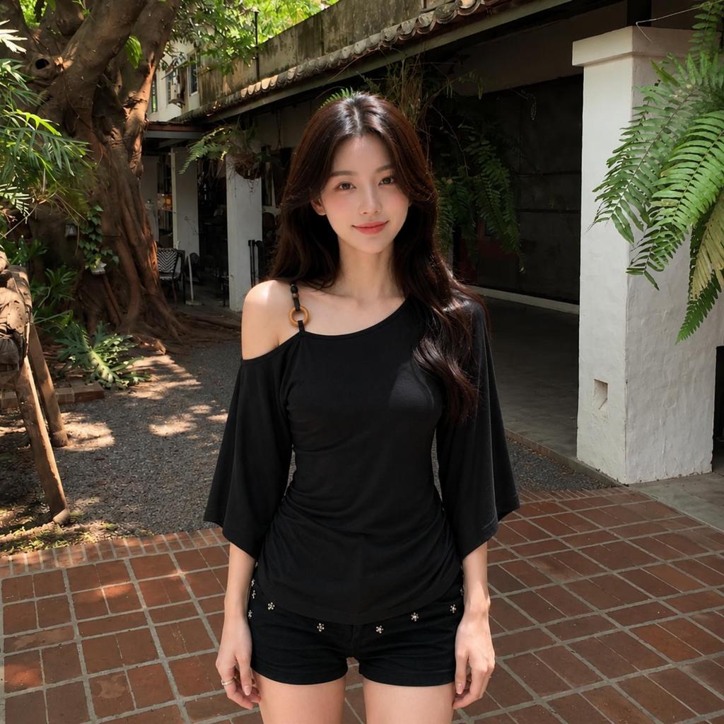 ภาพเพิ่มเติมของ MUDO เสื้อไหล่เอียงแขนค้างคาว ดีไซน์ลูกปัดอสมมาตร กระชับรูปดูผอม ใส่สบาย #1032