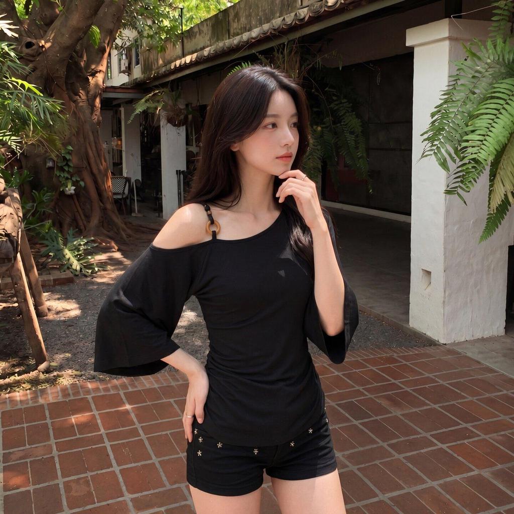 ภาพเพิ่มเติมของ MUDO เสื้อไหล่เอียงแขนค้างคาว ดีไซน์ลูกปัดอสมมาตร กระชับรูปดูผอม ใส่สบาย #1032