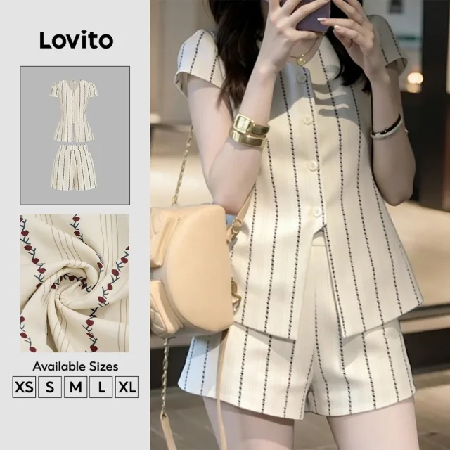 Lovito แคชชวล เสื้อเบลาส์หรือกางเกงสุด กระดุมเรียบง่าย ใส่สบายแต่มีสไตล์ สําหรับฤดูใบไม้ผลิ/ฤดูร้อน เสื้อเบลาส์สีอ่อนกากี สําหรับผู้หญิง L178ED1367