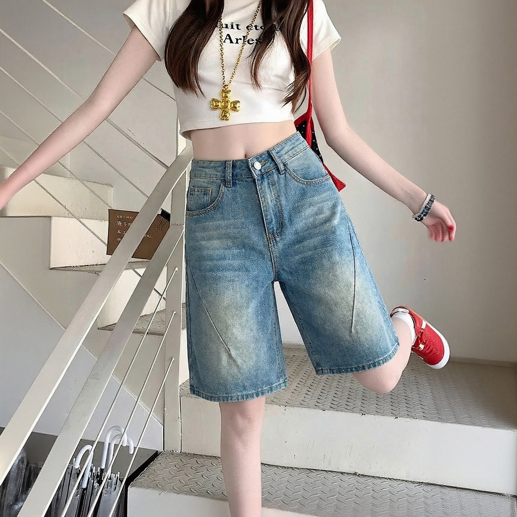 ภาพเพิ่มเติมของ กางเกงยีนส์ขาสั้นผู้หญิง เอวสูง 5 ส่วน ทรงเอขากว้าง ยีนส์ฟอกวินเทจ คอตตอน แท้ แฟชั่นเกาหลี ใส่เที่ยว พรางหุ่นขาเรียว#T30