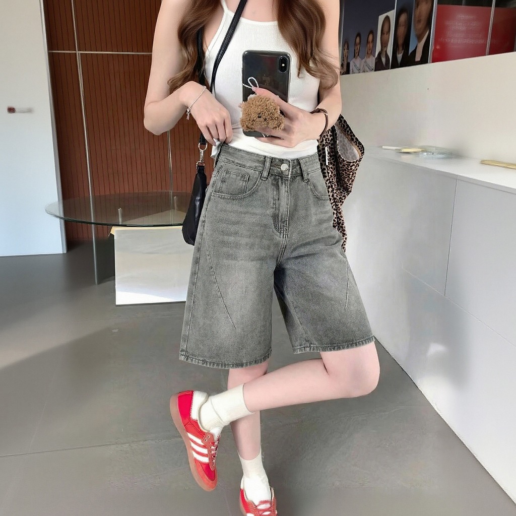 ภาพเพิ่มเติมของ กางเกงยีนส์ขาสั้นผู้หญิง เอวสูง 5 ส่วน ทรงเอขากว้าง ยีนส์ฟอกวินเทจ คอตตอน แท้ แฟชั่นเกาหลี ใส่เที่ยว พรางหุ่นขาเรียว#T30