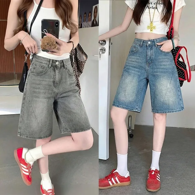 กางเกงยีนส์ขาสั้นผู้หญิง เอวสูง 5 ส่วน ทรงเอขากว้าง ยีนส์ฟอกวินเทจ คอตตอน แท้ แฟชั่นเกาหลี ใส่เที่ยว พรางหุ่นขาเรียว#T30