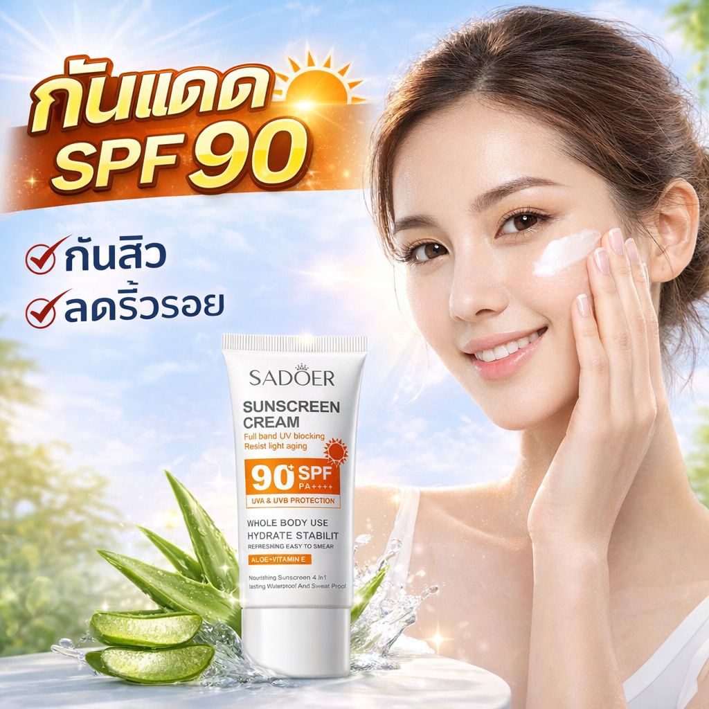 ภาพเพิ่มเติมของ ครีมกันแดด SADOER SPF90+ PA+++ 50g | กันแดดหน้าใส ปกป้อง UVA/UVB กันน้ำ ไม่อุดตัน ผิวฉ่ำใส