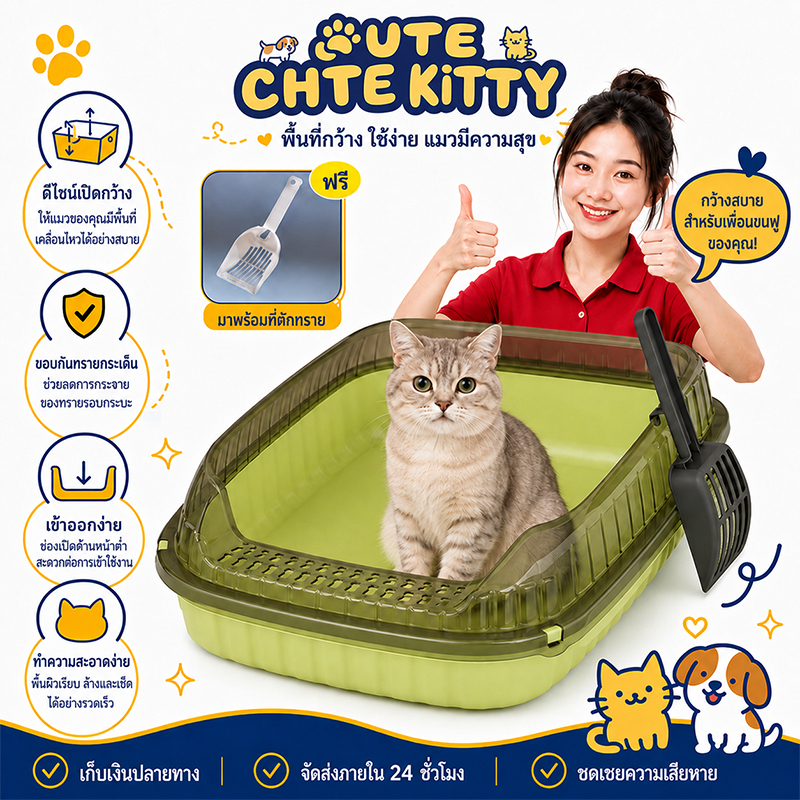 ภาพเพิ่มเติมของ ถาดทรายแมว cat litter box ขอบสูงกันกระเด็น วัสดุ PP กล่องทรายกึ่งเปิด กระบะทรายแมวขนาดใหญ่ ห้องน้ำแมว ห้องน้ำแมวตัวใหญ่