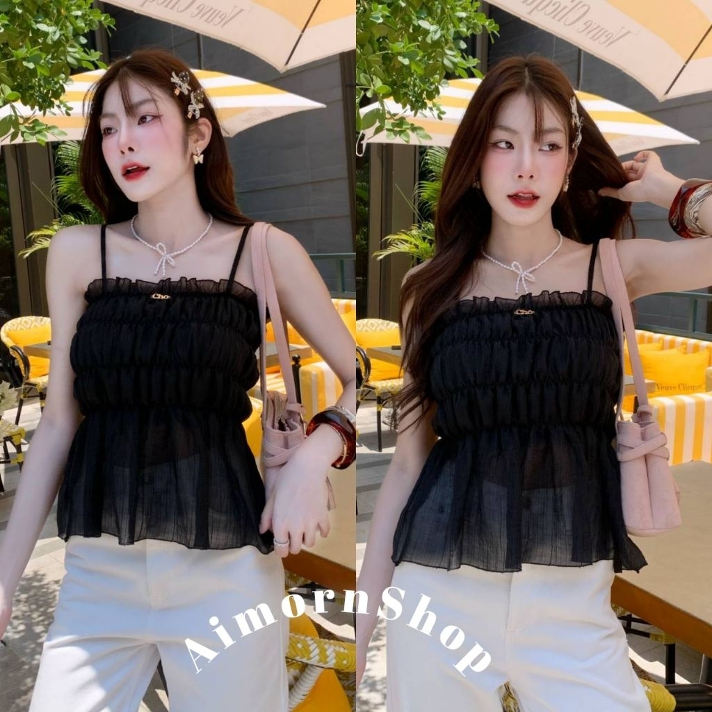 ภาพเพิ่มเติมของ 🔥aimorn_shop🔥เสื้อสายเดี่ยว สม็อคปลายระบายน่ารักๆ แต่งอะไหล่เงินเก๋ๆ งานผ้าบาง งานเซ็กซี่มาก