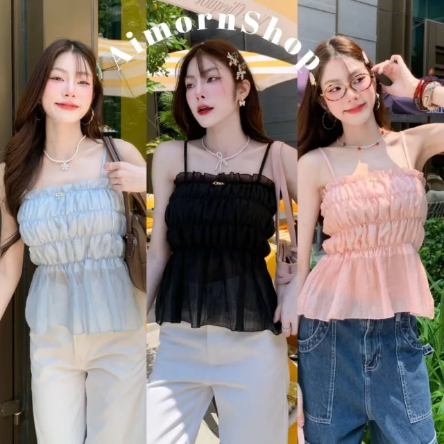 🔥aimorn_shop🔥เสื้อสายเดี่ยว สม็อคปลายระบายน่ารักๆ แต่งอะไหล่เงินเก๋ๆ งานผ้าบาง งานเซ็กซี่มาก