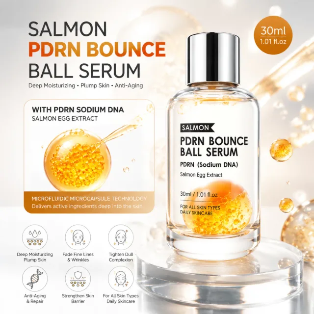30ml Salmon PDRN Bounce Ball Serum with PDRN Sodium DNA Salmon Egg Extract Microfluidic Microcapsule Technology Deep Moisturizing Plump Skin Fade Fine Lines Tighten Dull Complexion Anti-Aging Repair Barrier Facial Serum for All Skin Types Daily Skincare