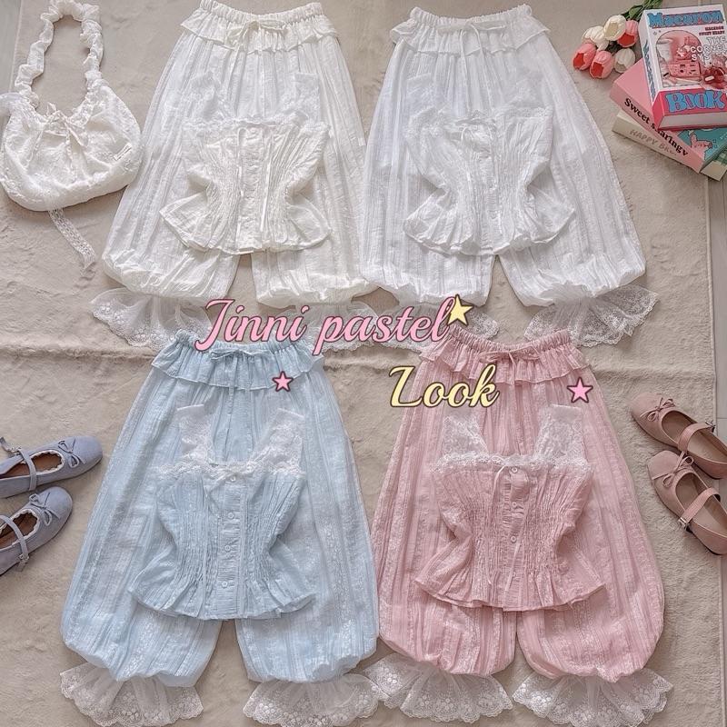 ภาพเพิ่มเติมของ Jinni pastel เสื้อสายเดี่ยว กางเกงทรงจินนี่ แต่งลูกไม้ น่ารักมากกกกก ฉ186+t7