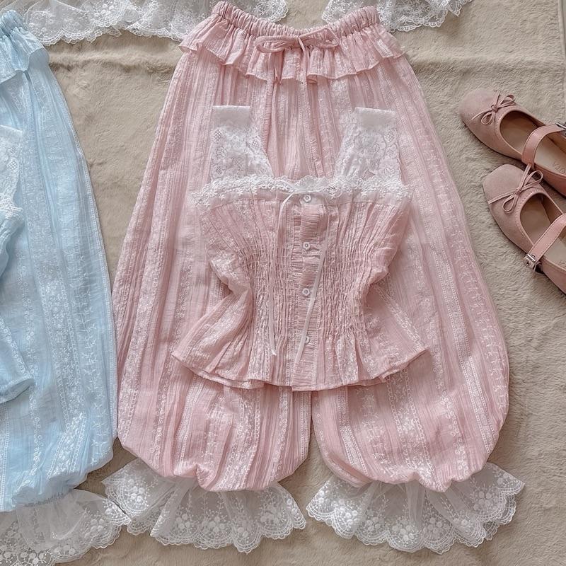ภาพเพิ่มเติมของ Jinni pastel เสื้อสายเดี่ยว กางเกงทรงจินนี่ แต่งลูกไม้ น่ารักมากกกกก ฉ186+t7