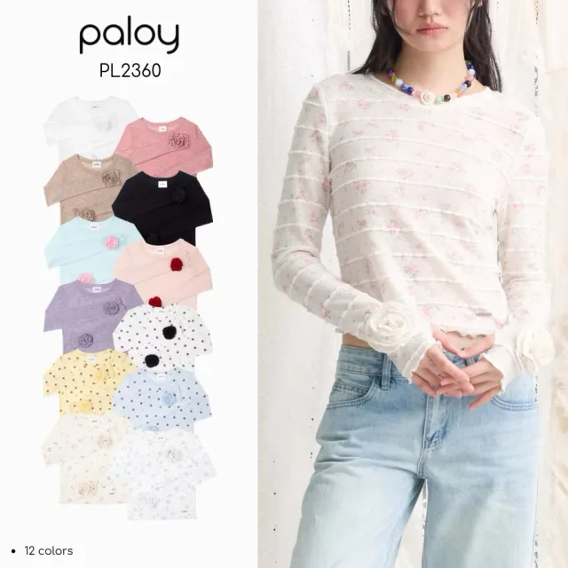 ✨️พรีออเดอร์เฉพาะลายใหม่✨️พร้อมส่ง มือ1ของใหม่ ป้ายห้อย 💗Paloy-PL2360 เสื้อแขนยาว ปลายแขนแต่งดอกคาเมลเลีย🌸ไซส์ S/M/L/XL