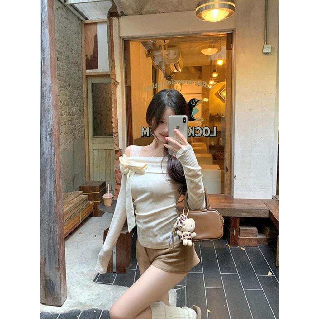 ภาพเพิ่มเติมของ UMI8💝【ในสต็อก】💝เสื้อแขนยาวผู้หญิง ทรงพอดีตัวสำหรับฤดูใบไม้ผลิและฤดูใบไม้ร่วง มีโบว์ที่ไหล่