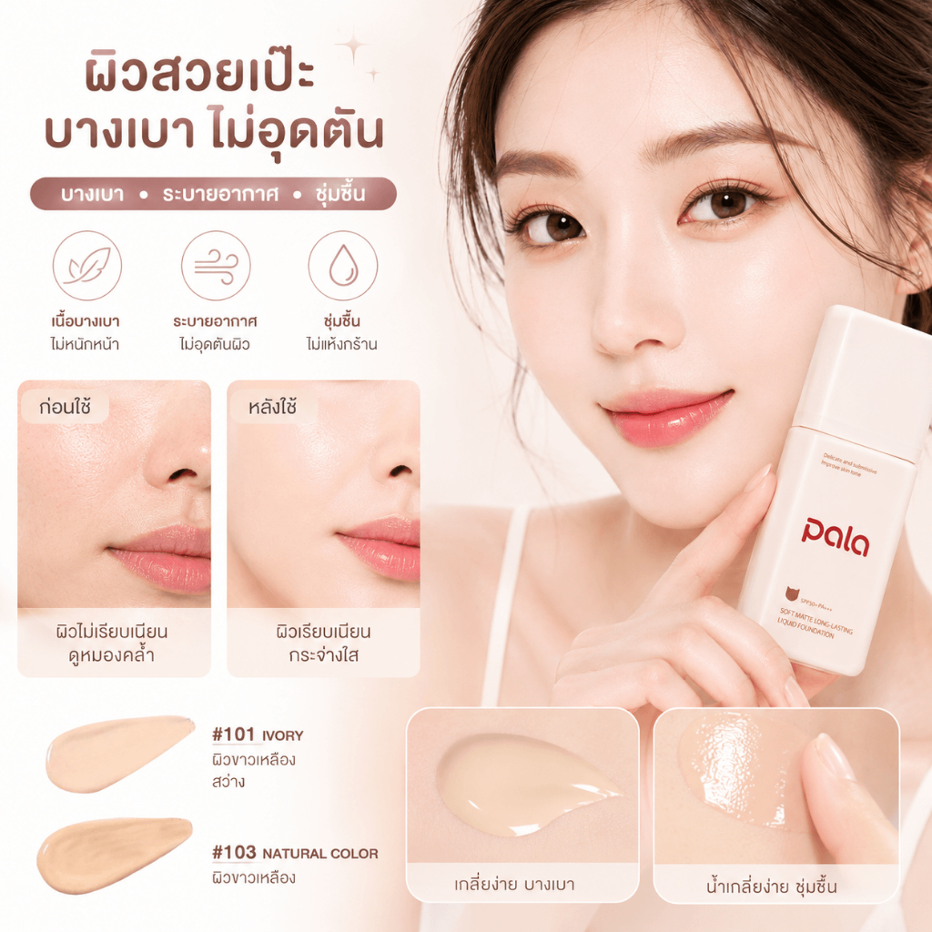 ภาพเพิ่มเติมของ PALA รองพื้นหน้า Glow&Matte 30g SPF50+ PA+++ คุมมัน ปกปิด ติดทน ผิวฉ่ำโกลว์ เนียนใส