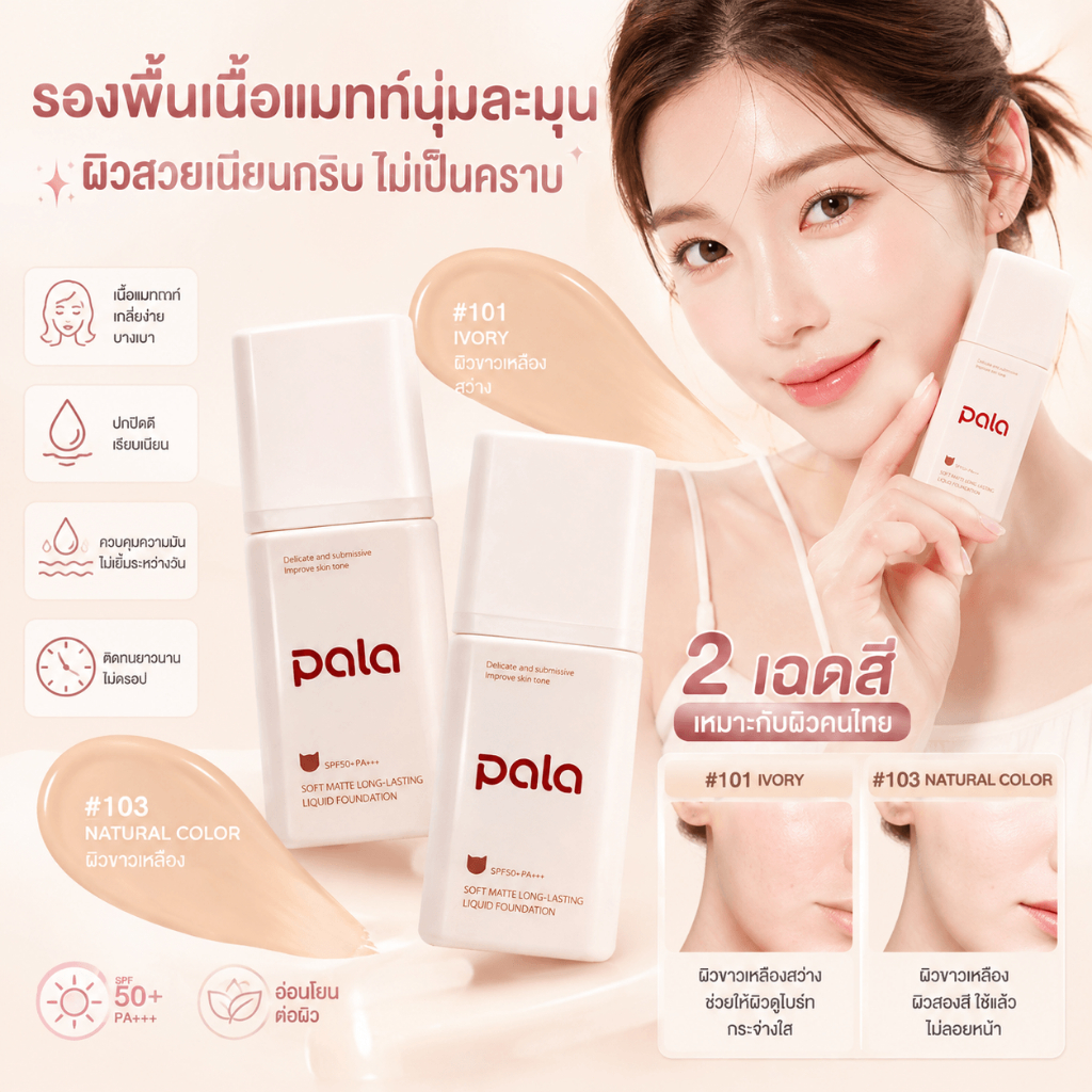 ภาพเพิ่มเติมของ PALA รองพื้นหน้า Glow&Matte 30g SPF50+ PA+++ คุมมัน ปกปิด ติดทน ผิวฉ่ำโกลว์ เนียนใส