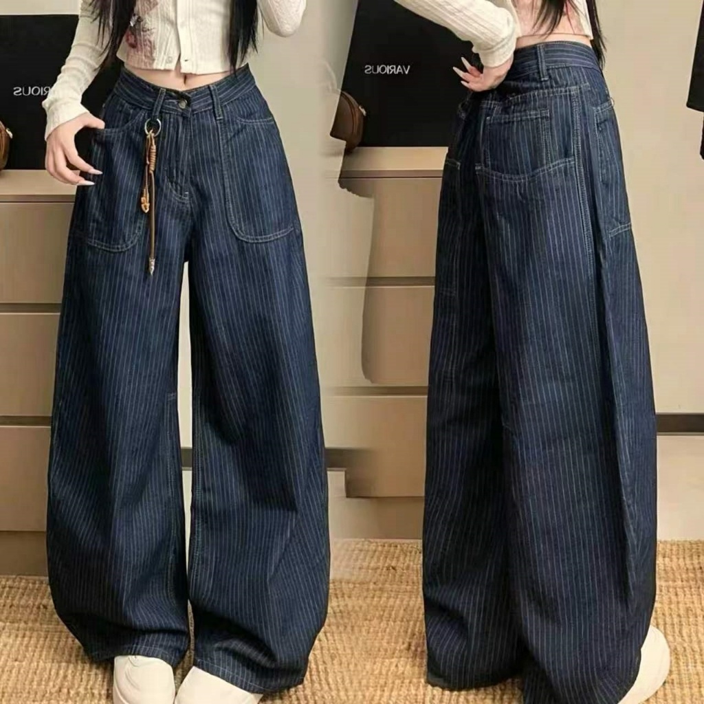 กางเกงขายาวสตรีม กางเกงยีนลายทาง เอวสูง สไตล์วินเทจอเมริกัน ผ้านุ่มสบาย denim jeans