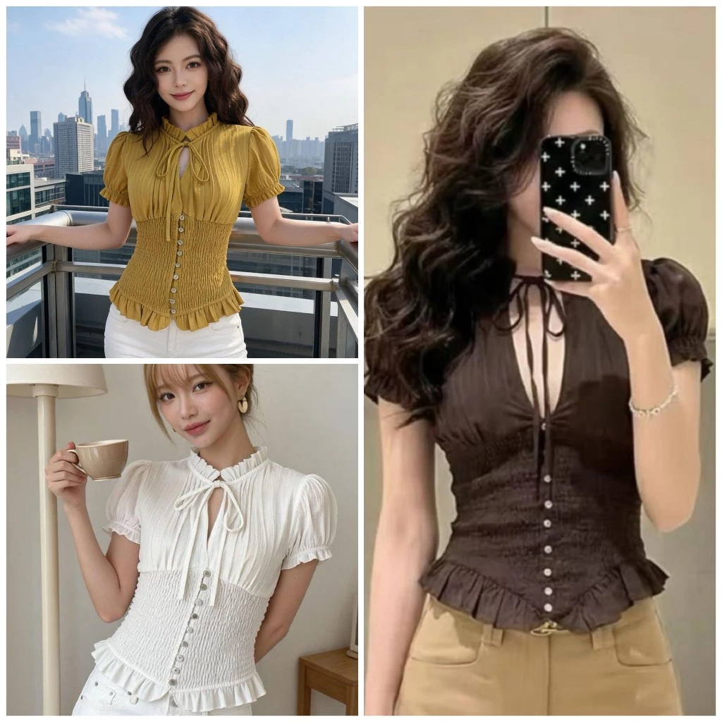 ภาพเพิ่มเติมของ Retro สีกาแฟจีบแขนสั้น Halterneck Laced-Up ลึก V-Breasted เอวขนาดเล็ก Man Slimmer ดู Pure Desire ด้านนอก Top