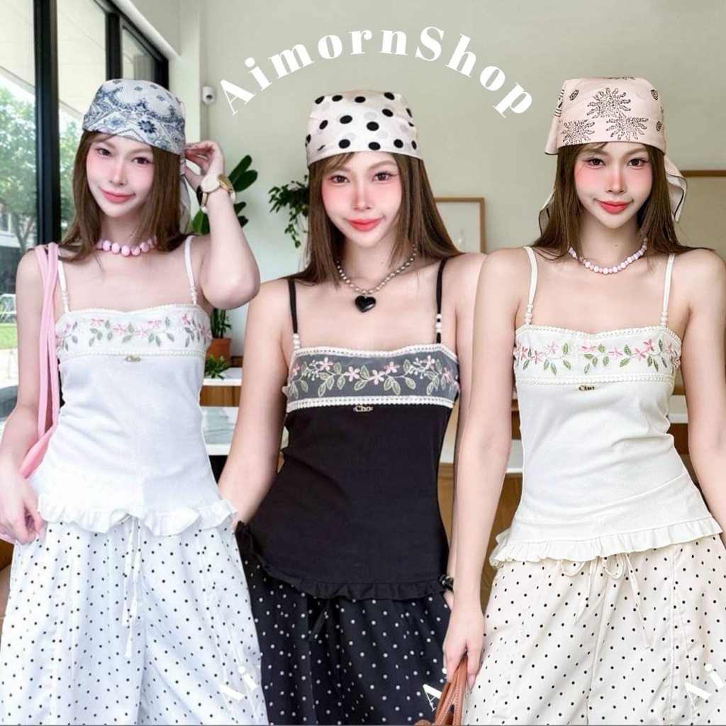 ภาพเพิ่มเติมของ 🔥aimorn_shop🔥 เสื้อสายเดี่ยว ตกแต่งลายดอกไม้น่ารักมาก เพิ่มดีเทลชายระบายสวยๆ งานคัตติ้งเนี้ยบ