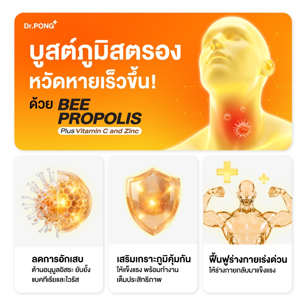 ภาพเพิ่มเติมของ Dr.PONG BEE PROPOLIS PLUS VITAMIN C AND ZINC​  โพรโพลิส วิตามินซี ซิงค์ เสริมภูมิคุ้มกัน ดูแลช่องปากและลำคอ