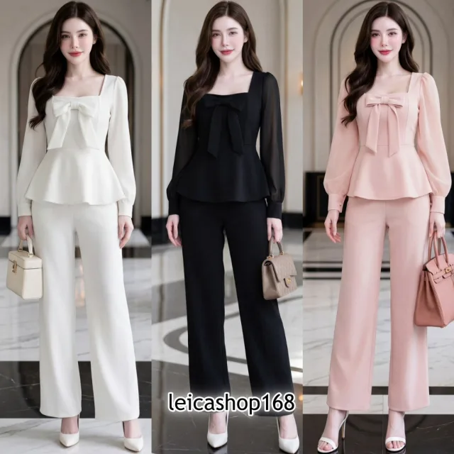 สินค้าพร้อมส่ง ชุดเซตออกงาน ผ้าวูลเวฟ เสื้อแขนยาวแต่งผ้าชีฟองติดโบว์หน้าสม๊อคหลัง + กางเกงเอวเรียบสม๊อคหลังมีกระเป๋า ใส่