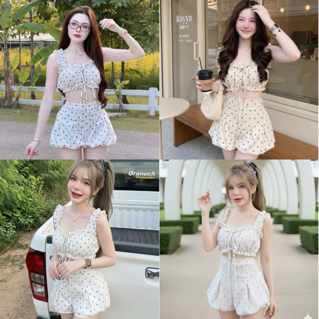 ภาพเพิ่มเติมของ ชุดเซต2 ชิ้นเสื้อแขนตุ๊กตาผูกหน้าลายจุดกางเกงบอลลูนจับจีบ