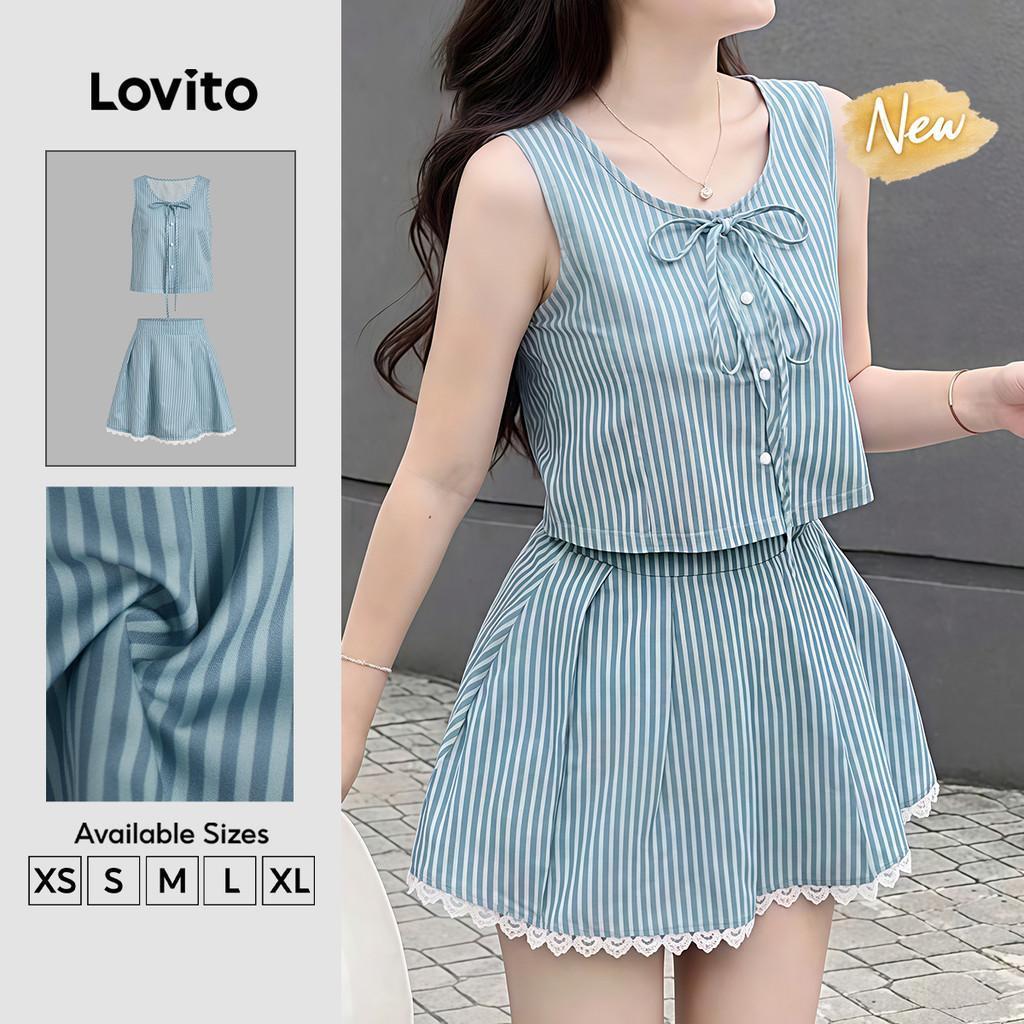 (New Arrival) Lovito เสื้อเบลาส์ลําลองสําหรับผู้หญิง ผูกโบว์ด้านหน้า ติดกระดุม มีระบายใหญ่พิเศษ เหมาะสําหรับฤดูใบไม้ผลิ/ฤดูร้อน สีฟ้า KSB201P1D720
