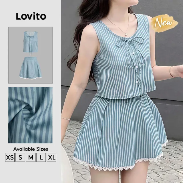 (New Arrival) Lovito เสื้อเบลาส์ลําลองสําหรับผู้หญิง ผูกโบว์ด้านหน้า ติดกระดุม มีระบายใหญ่พิเศษ เหมาะสําหรับฤดูใบไม้ผลิ/ฤดูร้อน สีฟ้า KSB201P1D720