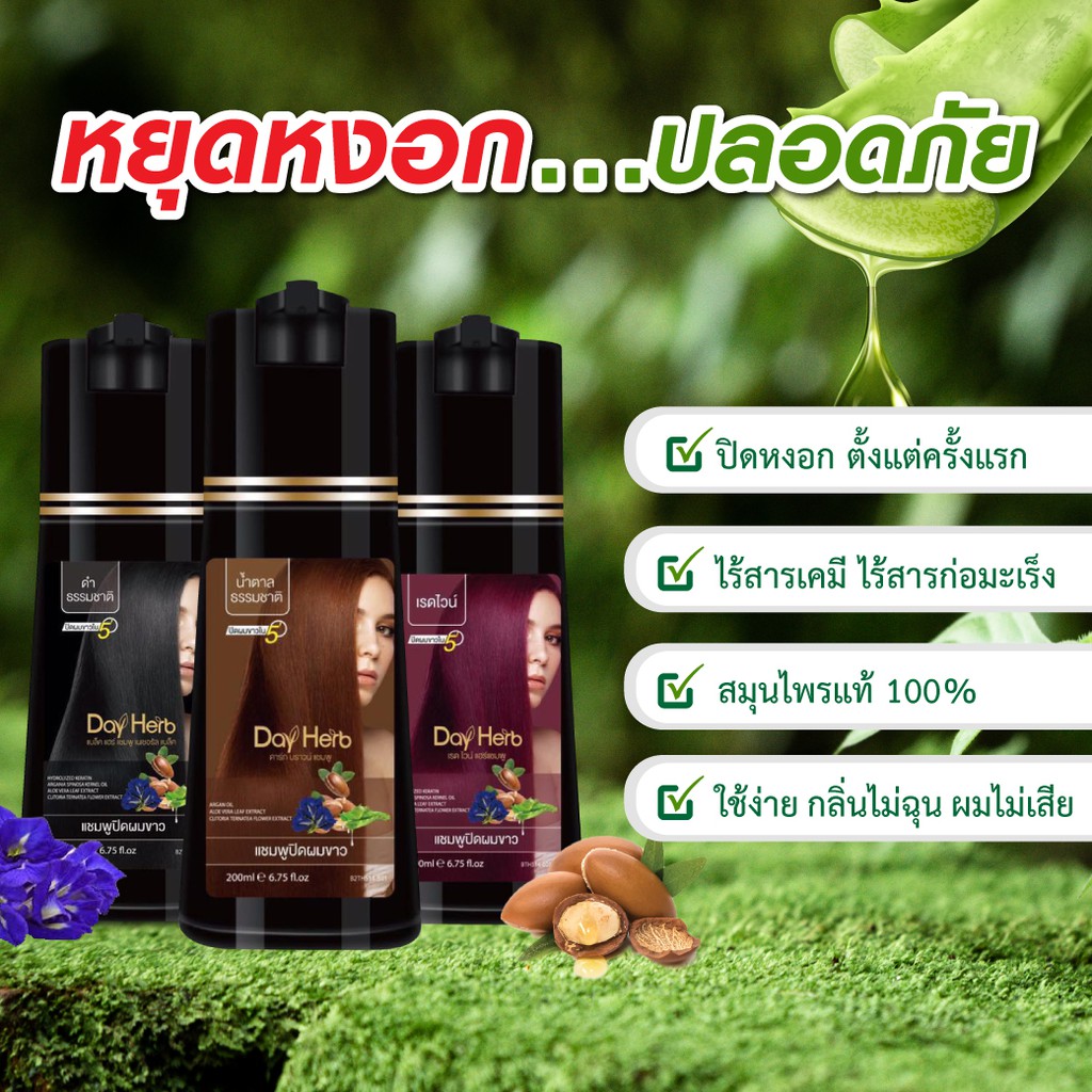 ภาพเพิ่มเติมของ DayHerb แชมพูปิดผมขาว เซ็ต 2 ขวด สมุนไพรแท้ ปิดหงอก ลดหงอก ผมดำใน 5 นาที ยาสระผมปิดผมขาว คุ้มกว่า 200ml x2